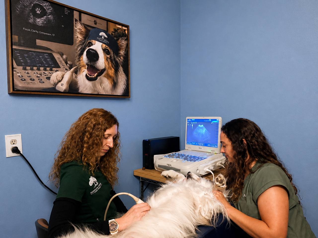 Dr. Crainick and Nurse Kayla ultrasounding a dog
