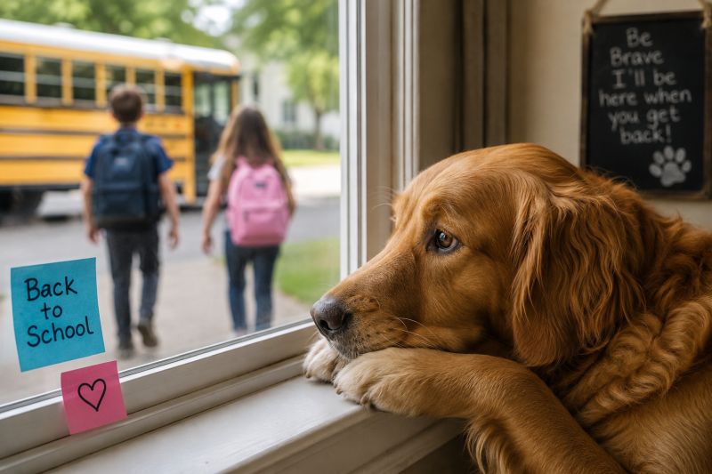 dog looking out window at kids going to school