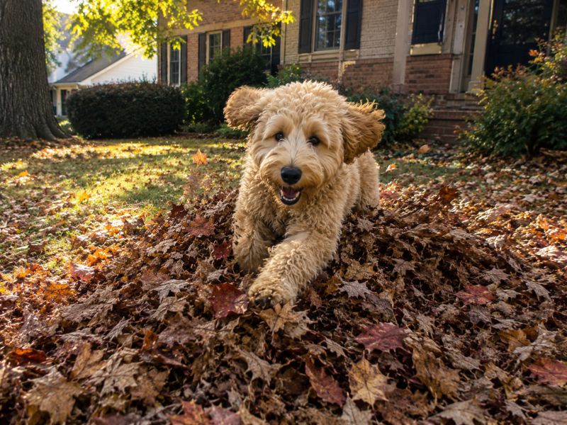 Puppy playing leaves