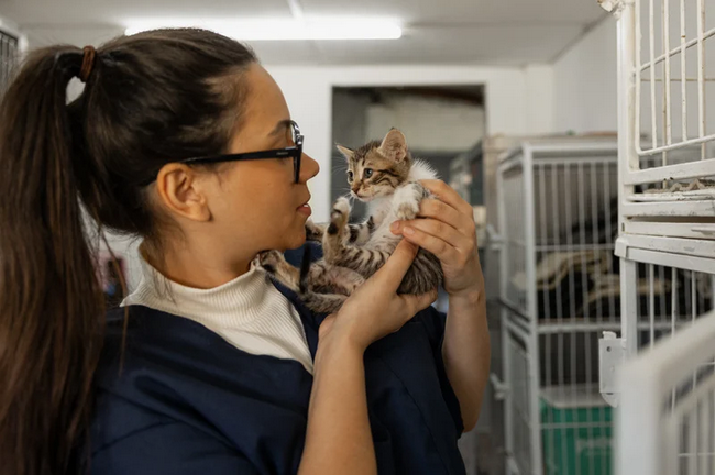 vet tech holding kitten